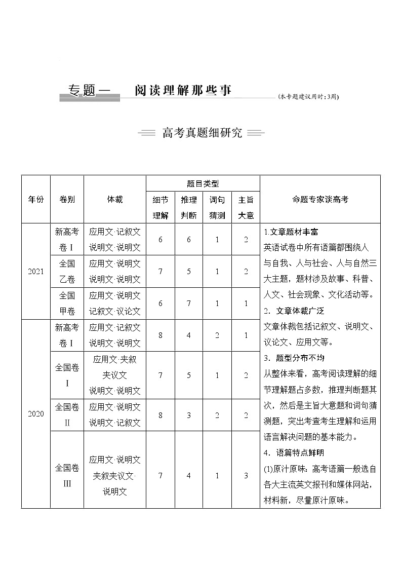 (新高考)高考英语二轮提分秘籍专题一:阅读理解第一讲 从宏观入手——习惯加技巧,秒懂有妙招 (含详解)第1页