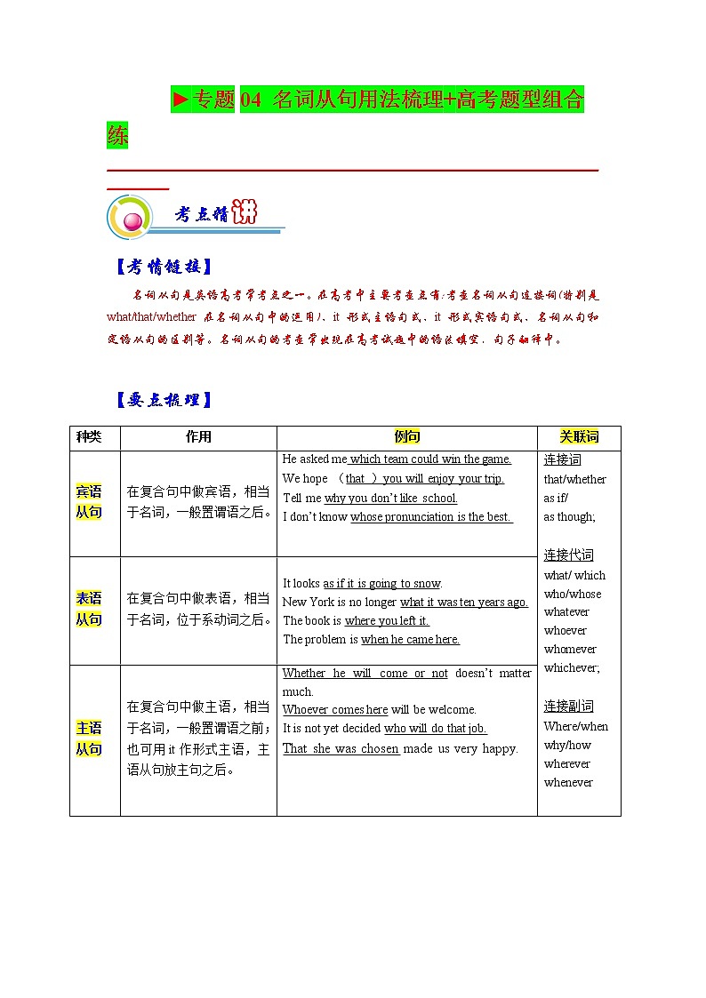 【备战2023高考】英语全复习——专题04:名词从句用法梳理梳理-精讲精练(上海用)(原题版)第1页