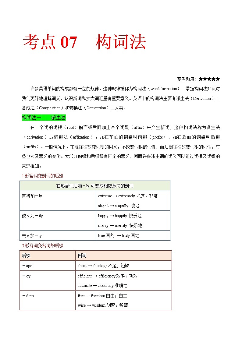 高考英语二轮复习考点练习考点07 构词法 (含解析)第1页