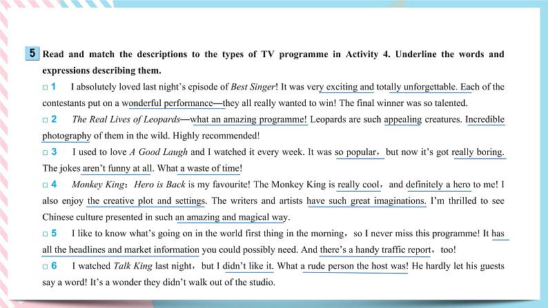 Unit 4 Stage and screen Using language (2)课件05