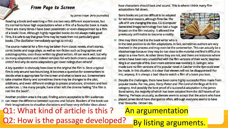 Unit 6 The Media Lesson 1 From Page to Screen Reading 课件高中英语北师大版选择性必修第二册第4页