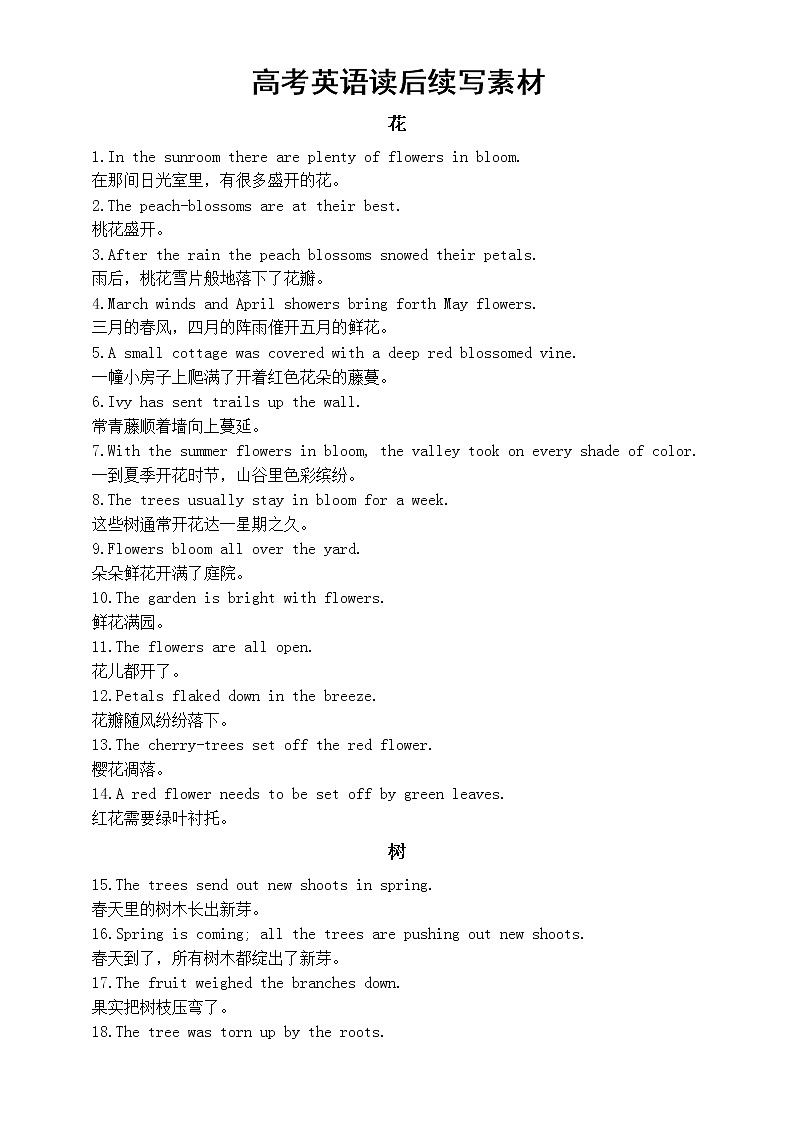 高中英语高考读后续写素材(花树鸟景色描写)第1页