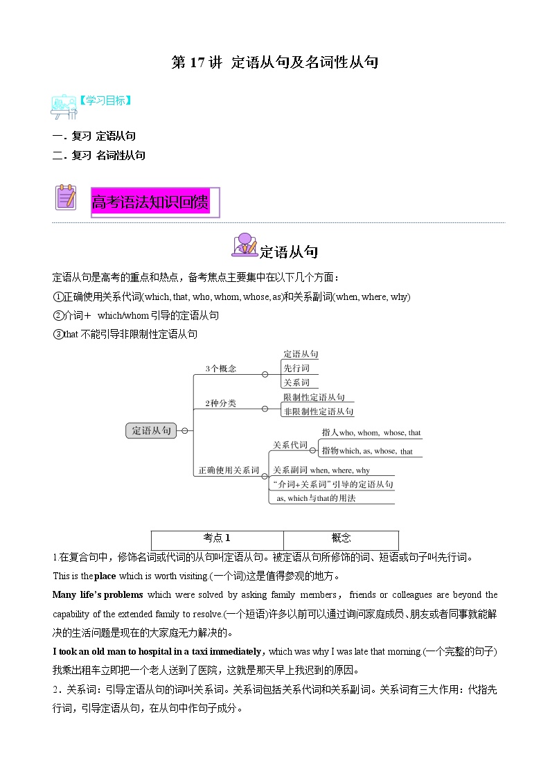 【寒假自学】2023年人教版(2019)高二英语（选择性必修第一--三册）-第17讲 语法过关二（定语从句及名词性从句） 寒假精品讲学案