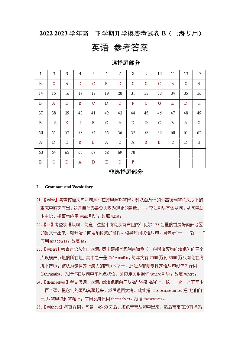 英语-2022-2023学年高一下学期开学摸底考试卷B(上海专用)(参考答案)第1页