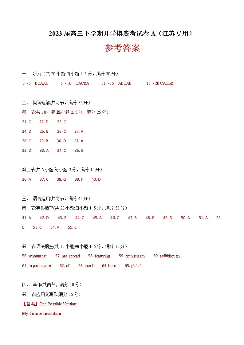 英语-2022-2023学年高三下学期开学摸底考试卷A(江苏专用)(参考答案)第1页