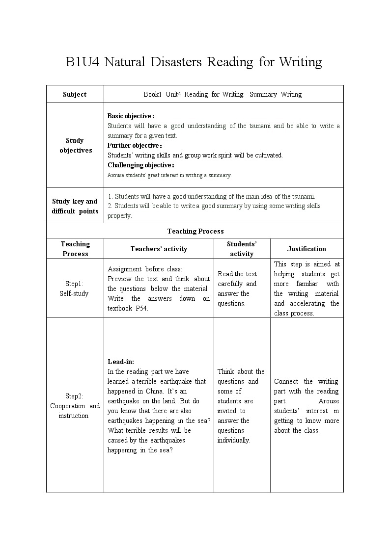 人教版（2019）高一英语必修一精品教学设计：Unit4 Natural Disasters Reading for Writing 教案-01