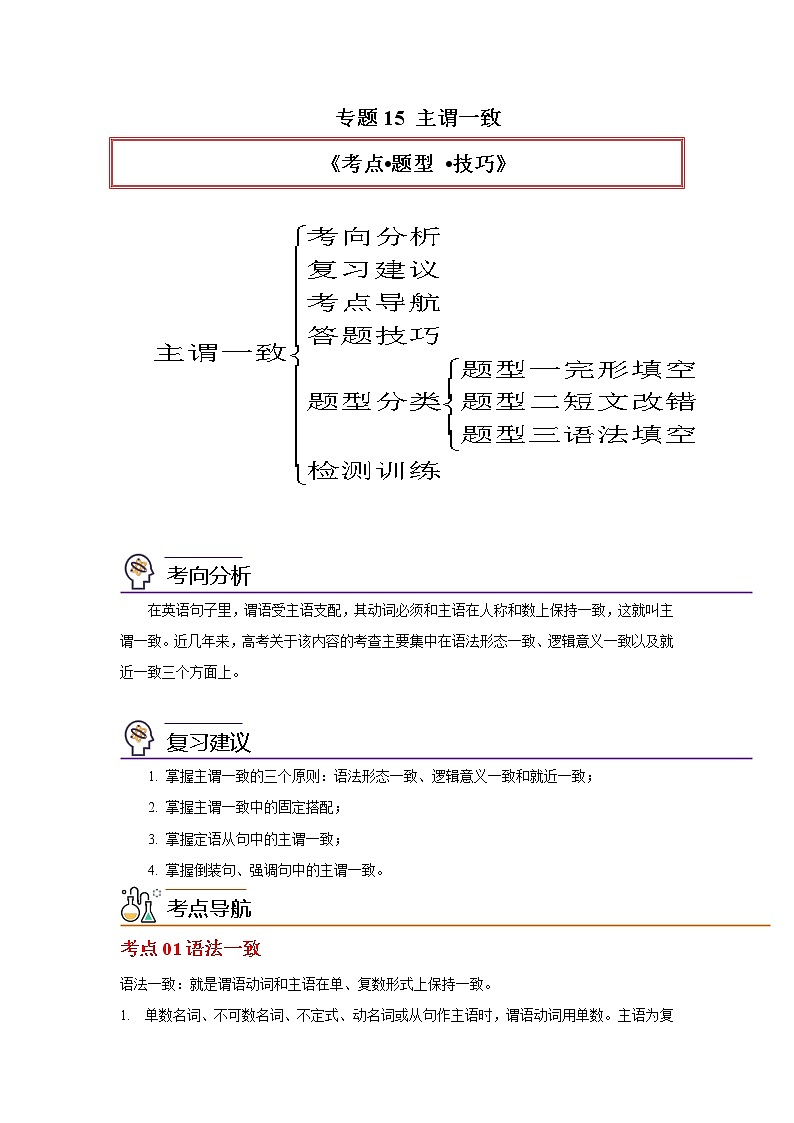 专题15主谓一致-2023年高考英语一轮复习《考点%U2022题型 %U2022技巧》精讲与精练资料(教师版)第1页