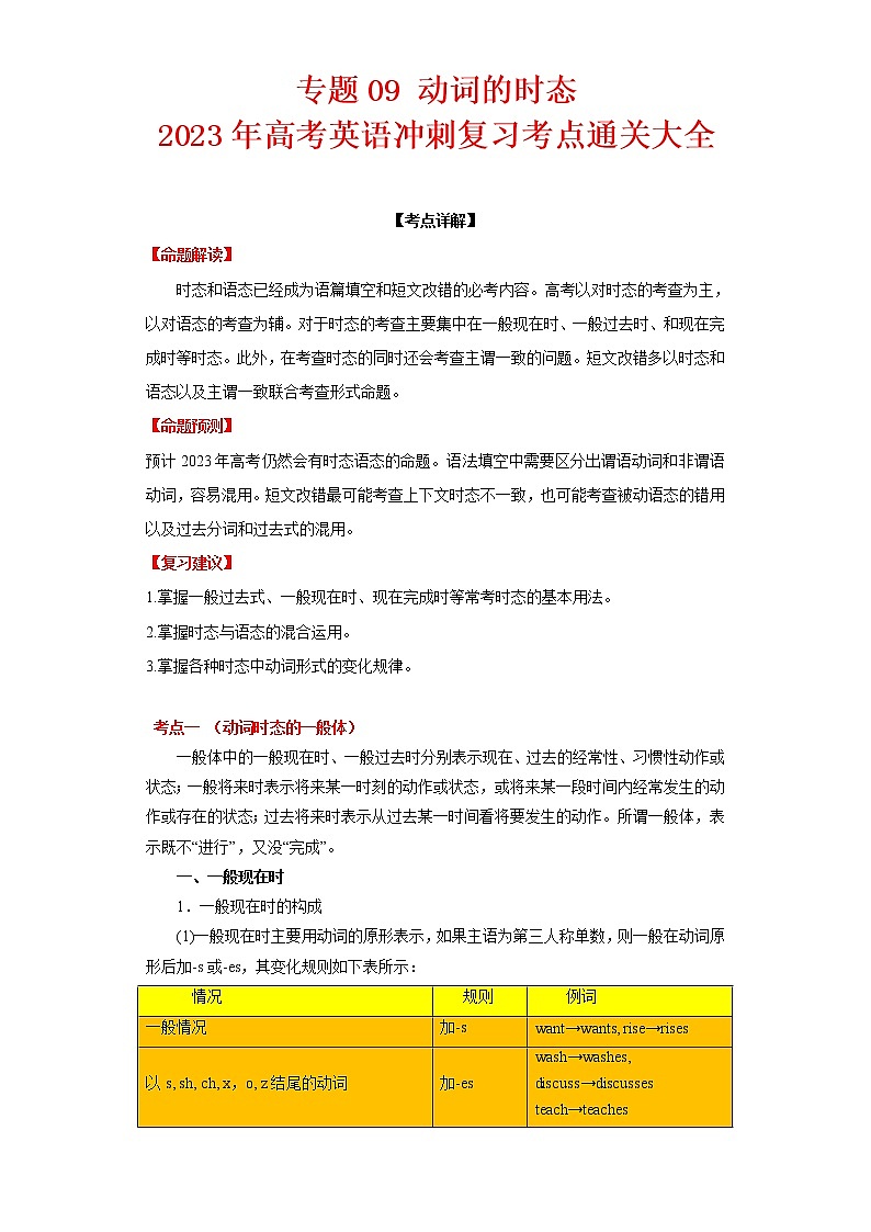 2023年高考英语冲刺复习考点通关大全专题09 动词的时态第1页