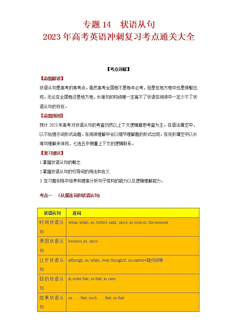 2023年高考英语冲刺复习考点通关大全专题14  状语从句第1页