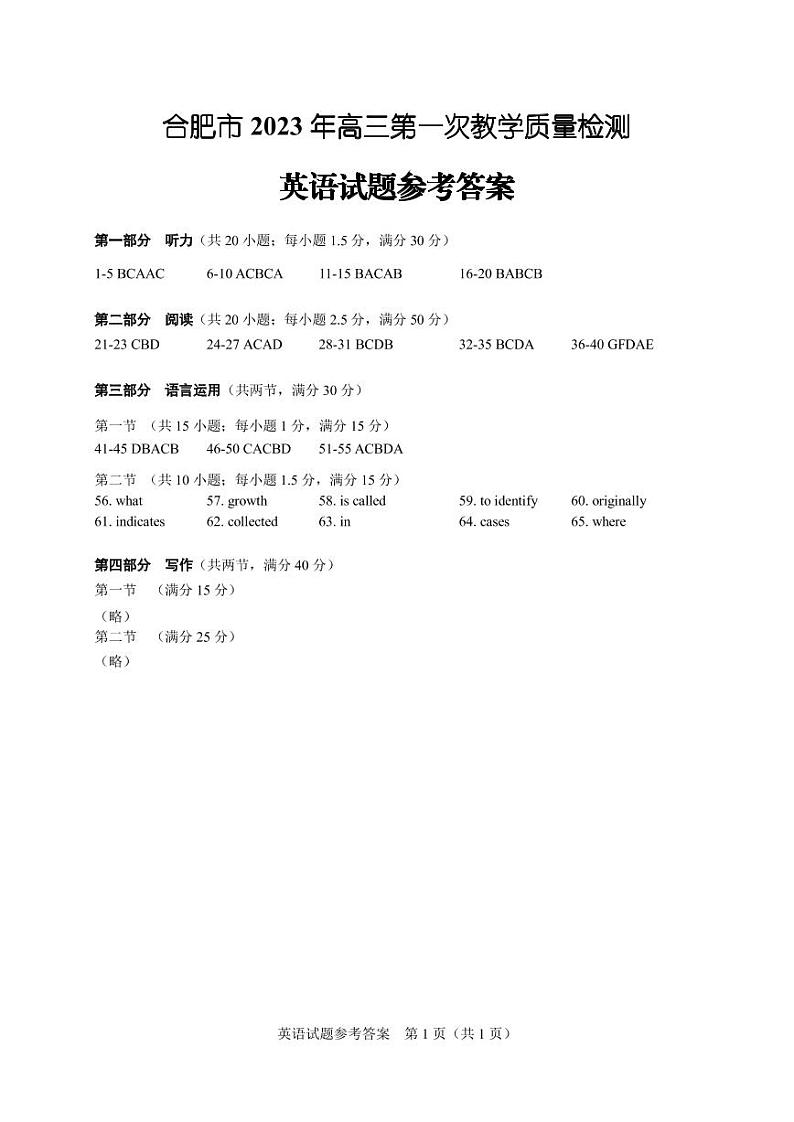 2023合肥一模英语答案1第1页