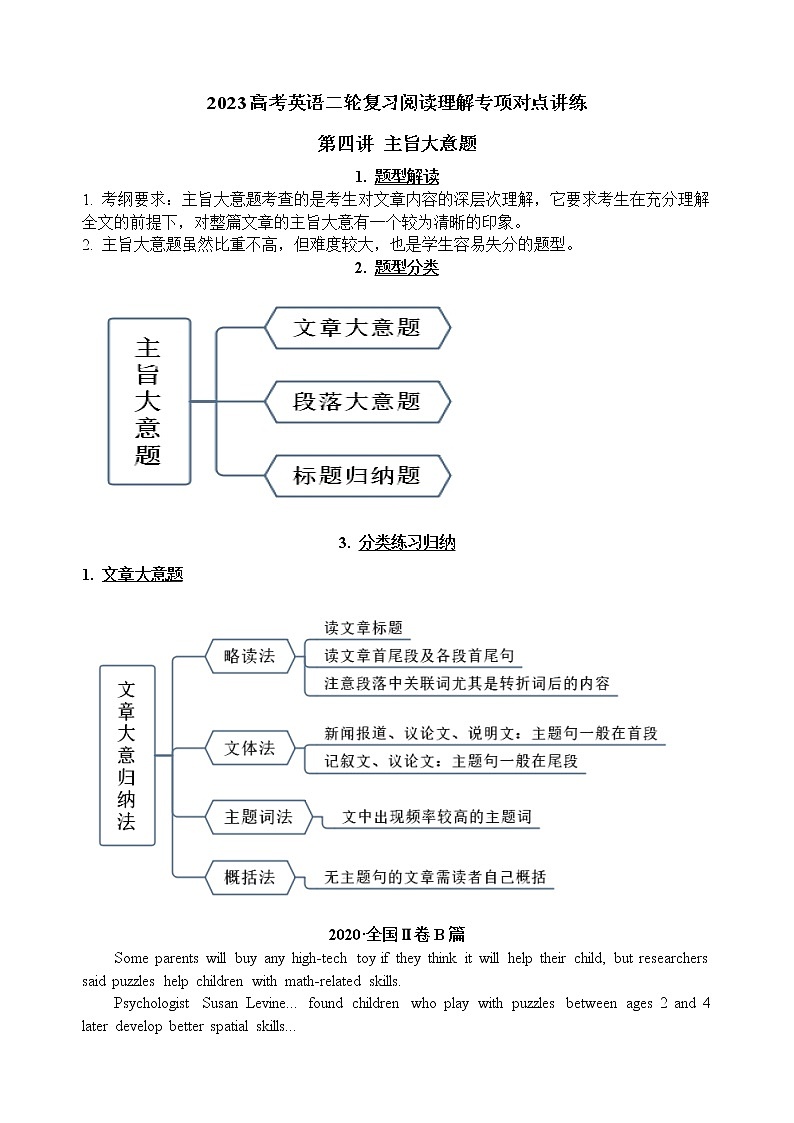 第4讲 主旨大意题——【高考二轮专题复习】2023年高考英语阅读理解专题精讲精练学案(含解析)01