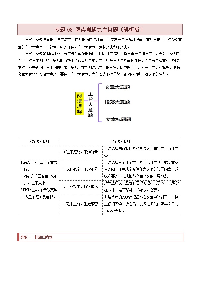 【高考二轮题型复习】2023年高考英语题型精讲精练学案（新高考）——专题08 阅读理解之主旨题（原卷版+解析版）01