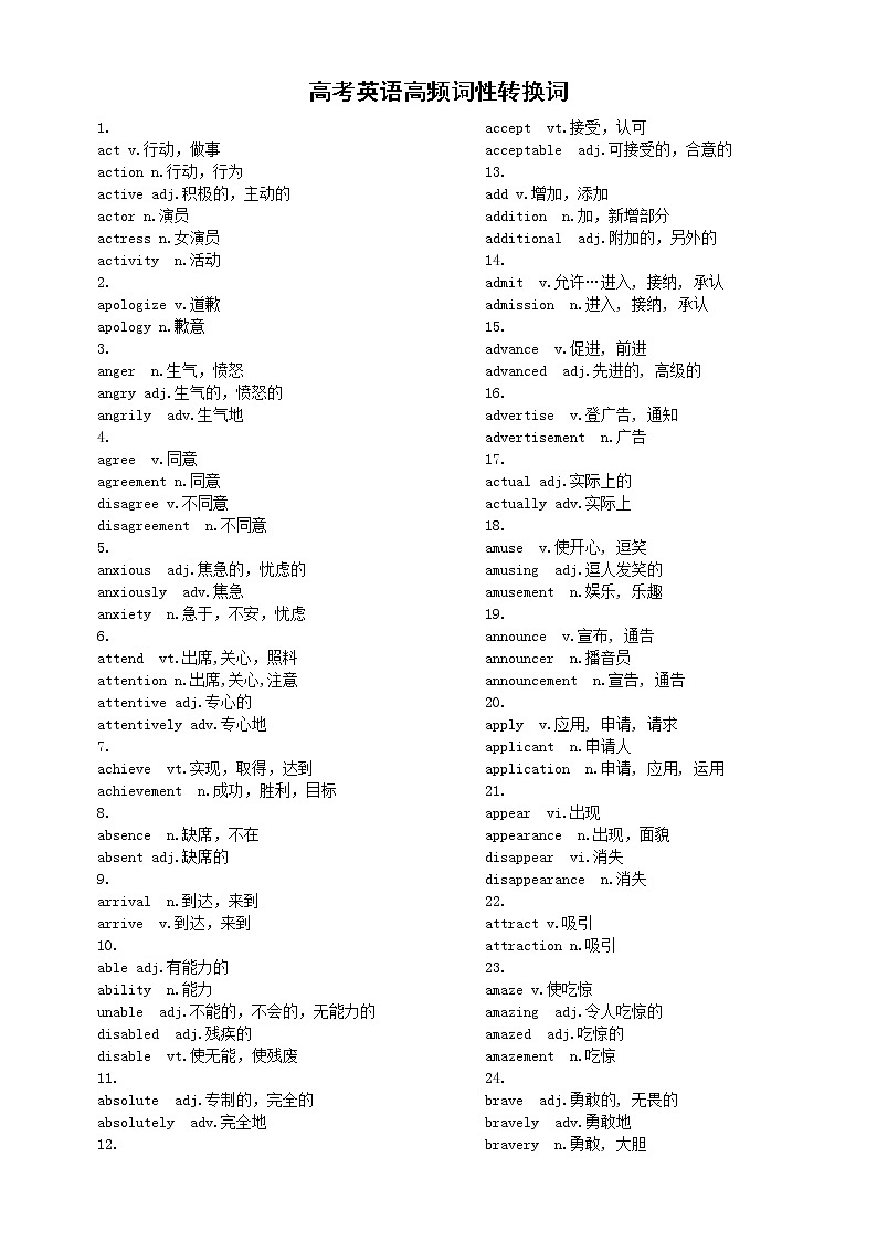 高中英语高考高频词性转换词汇总(共100组)第1页