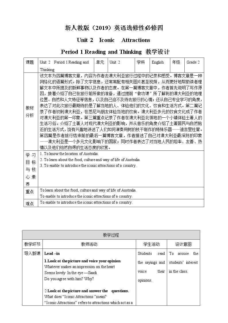 Unit 2 Iconic Attractions period 1 reading and thinking课件+教案+素材01