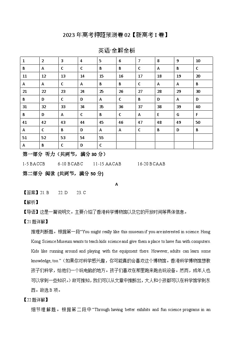 2023年高考押题预测卷02(新高考Ⅰ卷)-英语(全解全析)01
