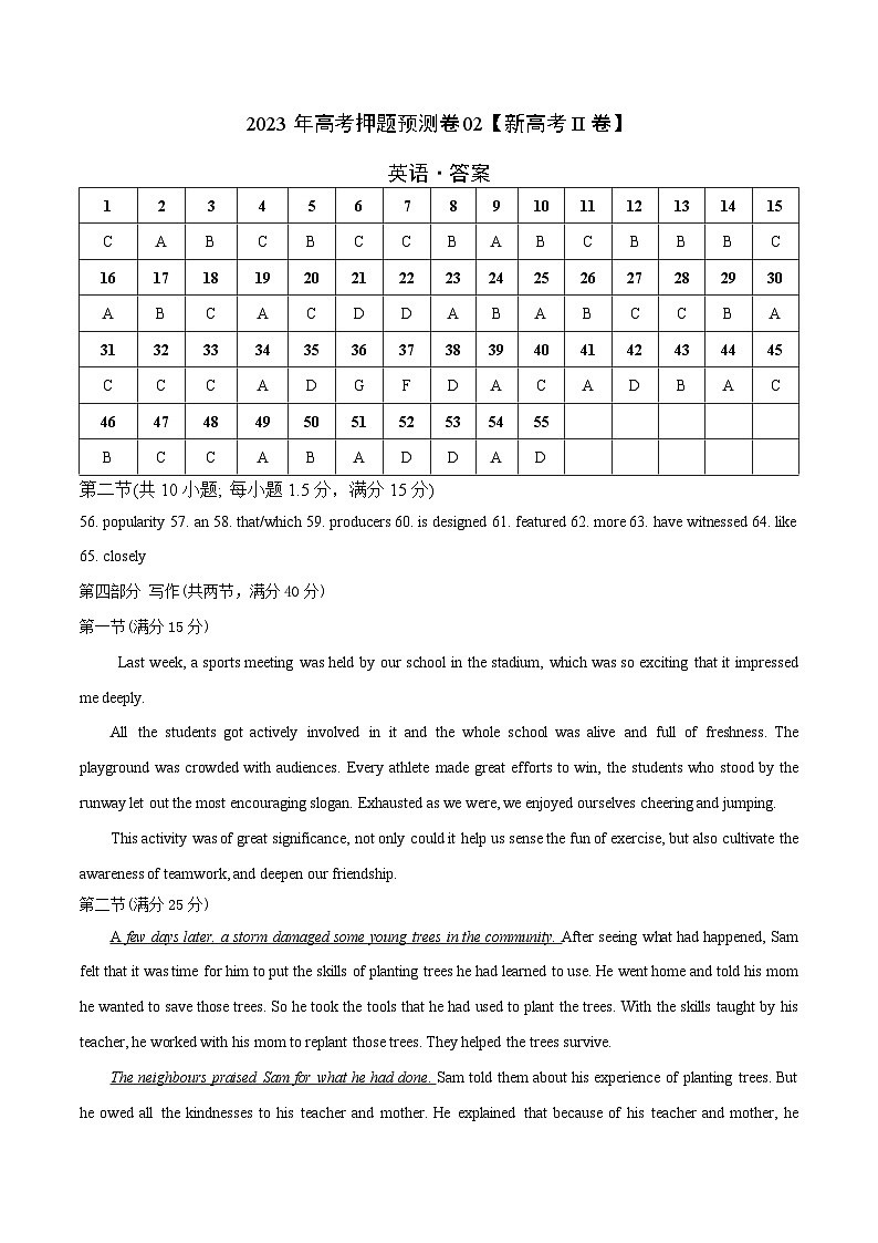2023年高考押题预测卷02(新高考Ⅱ卷)-英语(参考答案)01