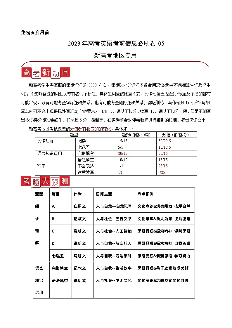 必刷卷05——2023年高考英语考前20天冲刺必刷卷(云南、安徽、黑龙江、吉林、山西新高考五省专用)(原卷版)第1页