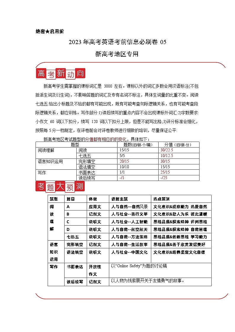 必刷卷05——2023年高考英语考前20天冲刺必刷卷(云南、安徽、黑龙江、吉林、山西新高考五省专用)(解析版)第1页
