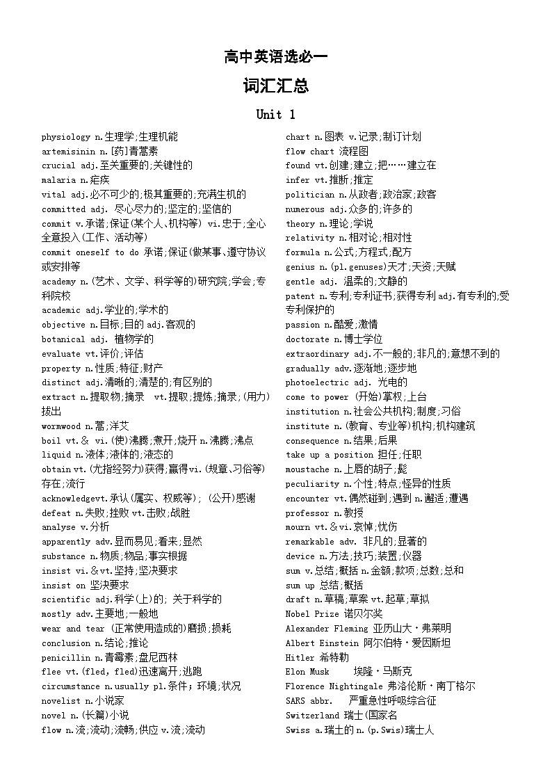 高中英语人教新教材选择性必修一全册词汇汇总(分单元编排)第1页