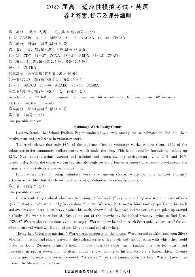湖南省2023届高三下学期5月适应性模拟考试英语答案第1页