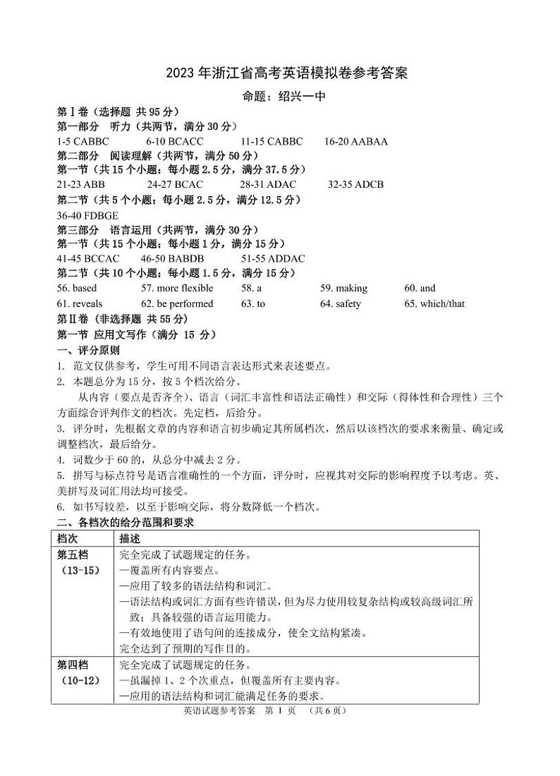 2023年浙江省高考四校联盟高三模拟卷(杭州二中、温州中学、金华一中、绍兴一中)英语试题及答案01