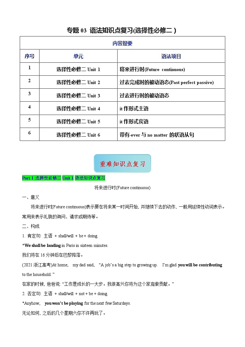 专题03 语法知识点复习(选择性必修二) (教师版)第1页