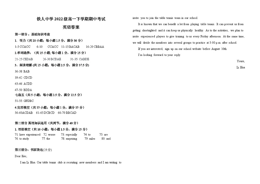 2022級(jí)高一下學(xué)期期中考試英語答案第1頁