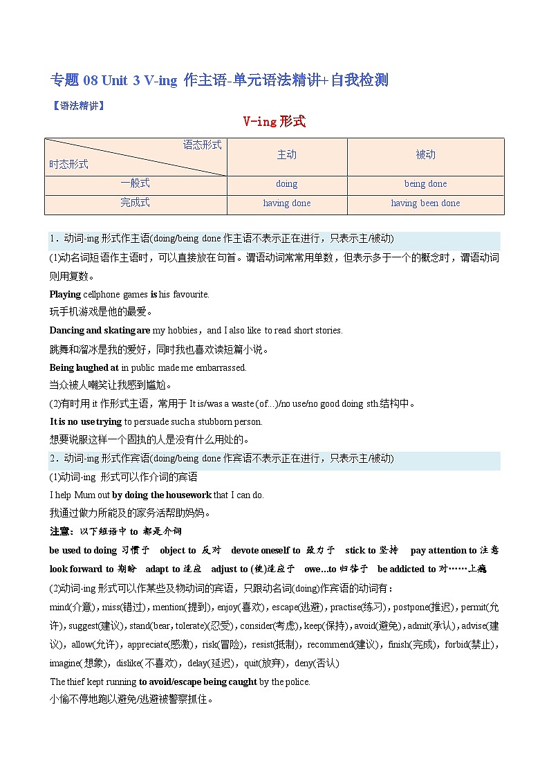 【暑假提升】人教版2019英语高一(升高二)暑假选修1-专题08 Unit 3 V ing作主语 单元语法精讲+自我检测01