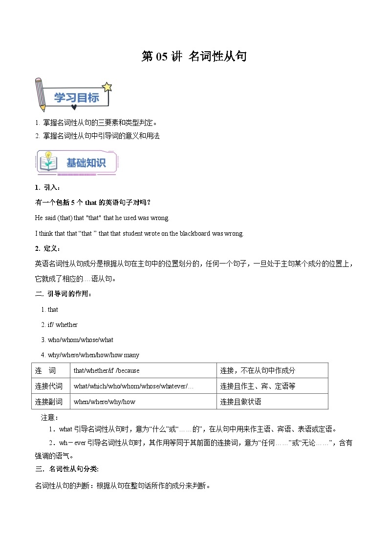 【暑假提升】外研版2019英语高一（升高二）暑假选修1-第05讲 名词性从句 讲学案01