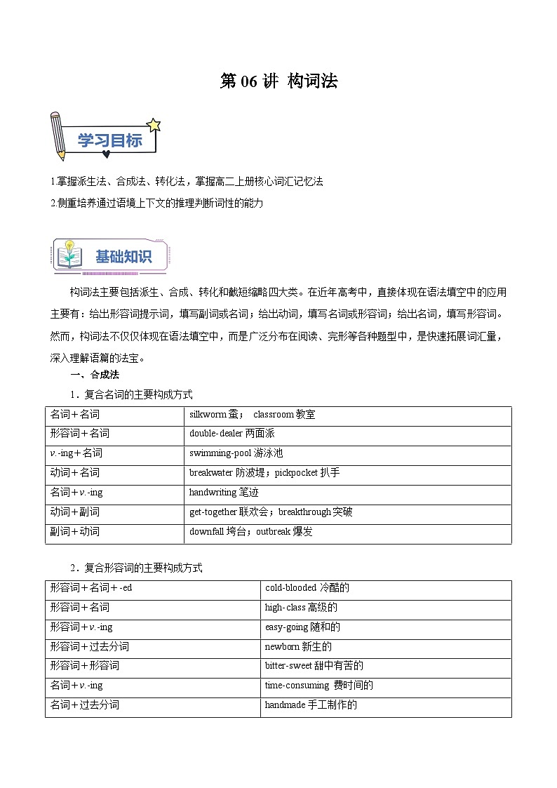 【暑假提升】外研版2019英语高一(升高二)暑假选修1-第06讲 构 词法(原卷版)第1页