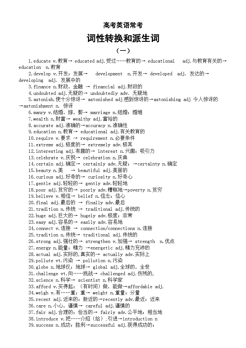 高中英语高考常考词性转换和派生词汇总(按字母顺序编排)第1页