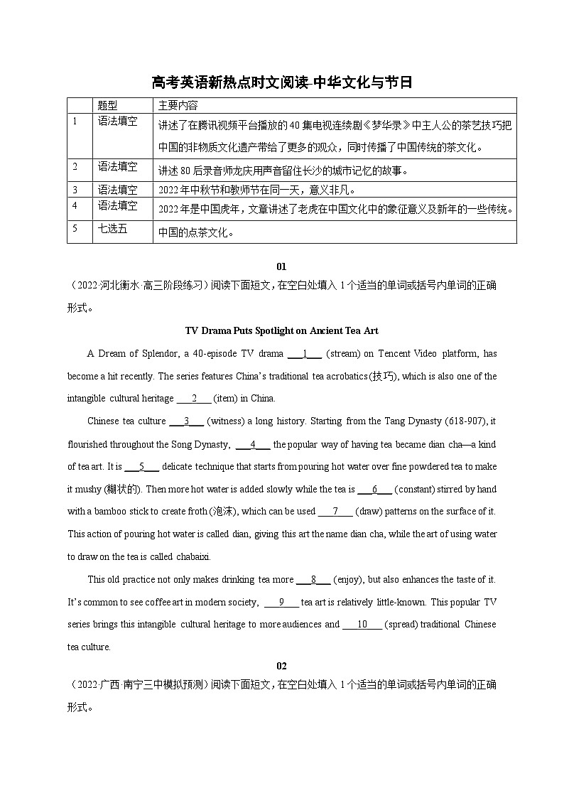 【备战2024年高考】(全国通用版)英语新热点时文阅读14 中华文化与节日-试卷第1页