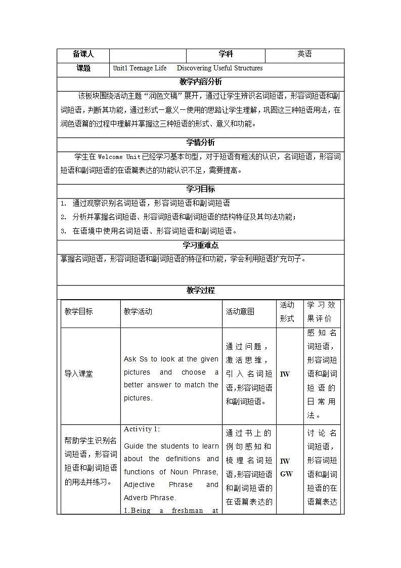 高中英语人教版(2019)必修一大单元Unit1 Teenage life第4课时Discovering Useful Structures课件+教案01