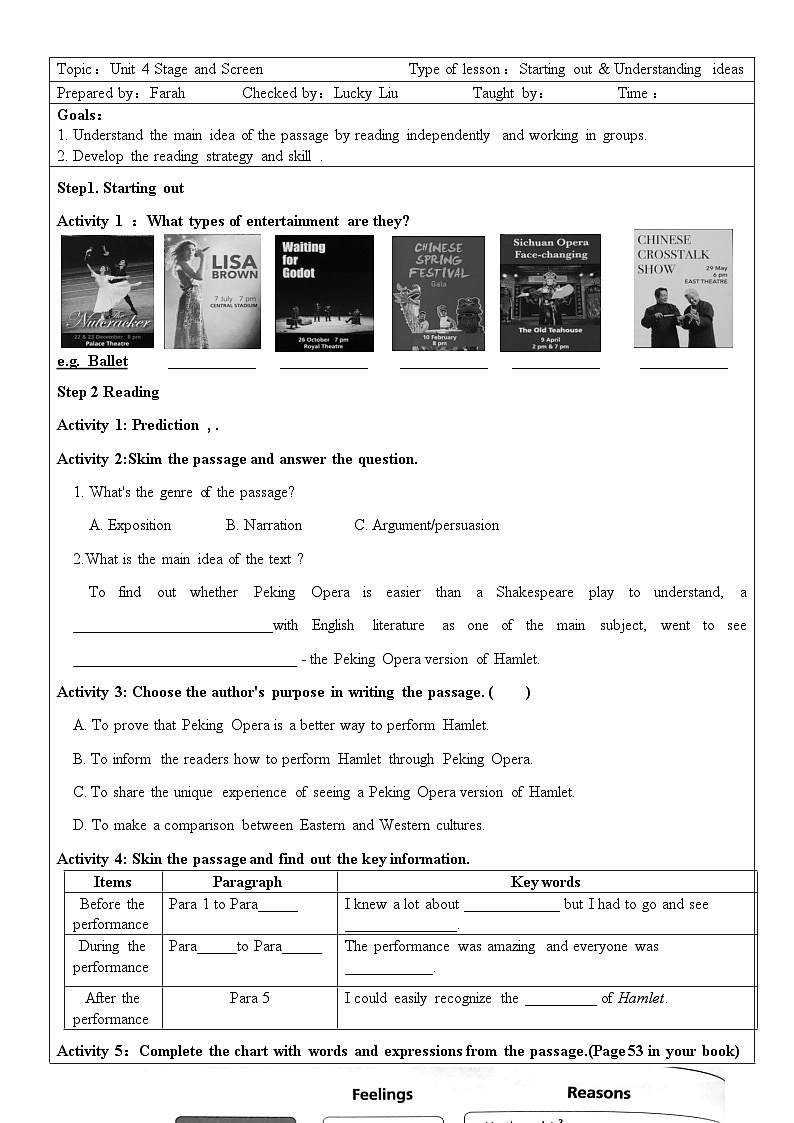 Unit 4 Stage and Screen Starting out & Understanding ideas 学案-2022-2023学年高中英语外研版(2019)必修第二册第1页