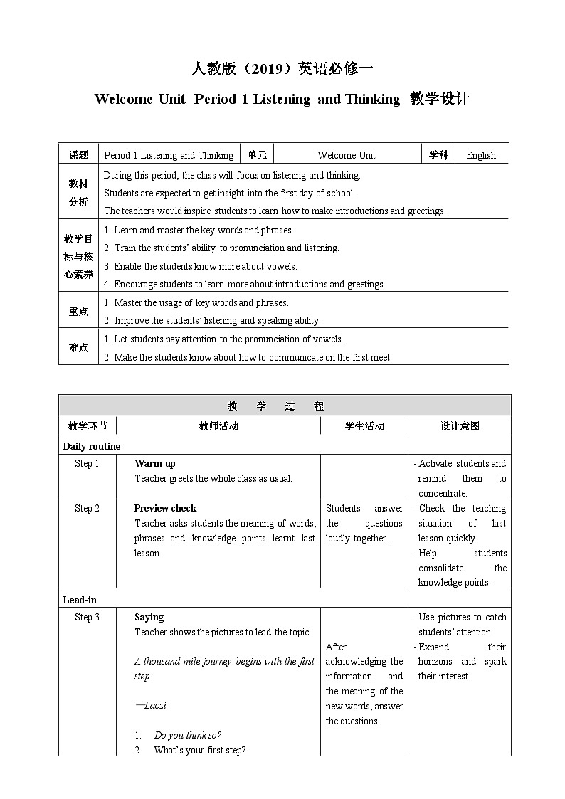 人教版英语必修一《 Welcome Unit Period 1 Listening and Speaking》教案第1页