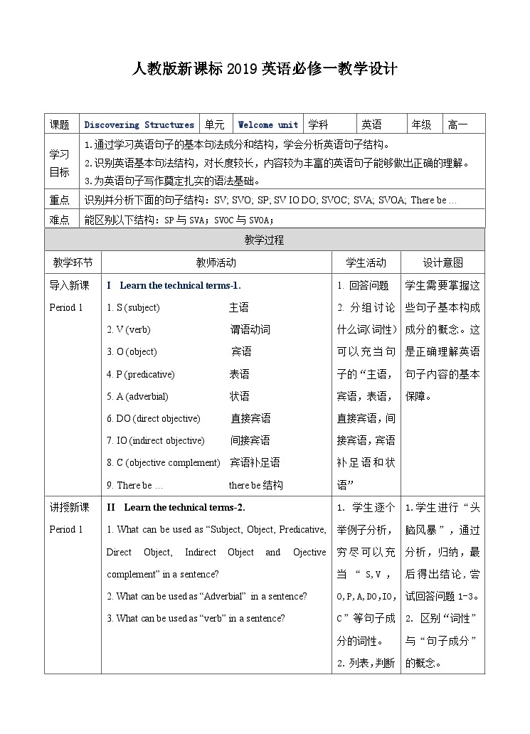 人教版英语必修一 《 welcome unit discovering useful structures 》课件+教案01