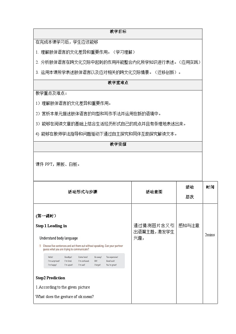 【大单元】Unit4 Body Language 课时1 Reading and Thinking 教案第2页
