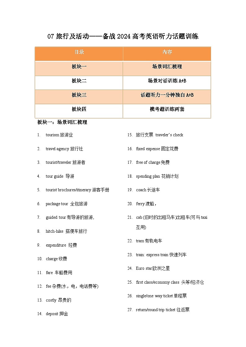 07 旅行及活动-备战2024届高考英语听力分类训练01