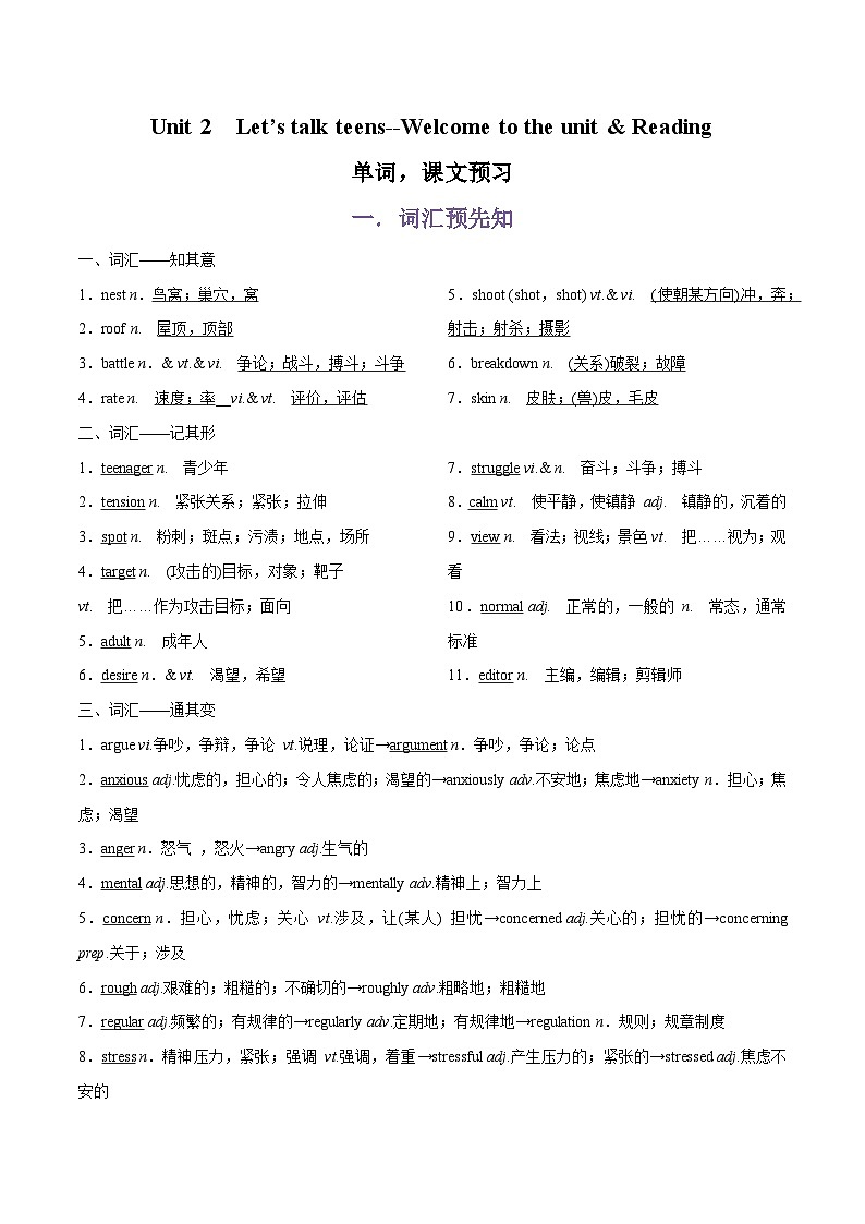专题03.Unit 2 Let’s talk teens--Welcome to the unit & Reading单词,课文预习-初升高英语无忧衔接(通用版)(译林版必修第一册)01