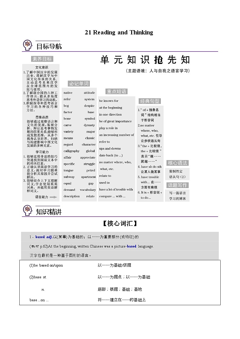 【同步讲义】(人教版2019)高中英语必修一 -第21讲 Unit 5 Languages Around The World-Reading and Thinking 讲义01
