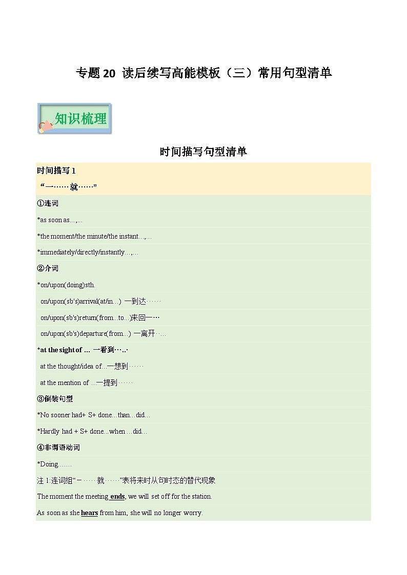 专题20 读后续写高能模板(三)常用句型清单(原卷版)-【口袋书】2023年高考英语必背知识手册(思维导图+背诵手册)(全国通用版)第1页