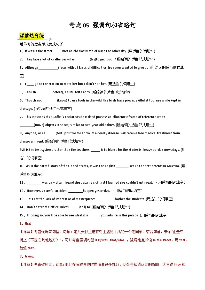 考点05 强调句和省略句（知识精细化梳理）-2024年新高考英语一轮总复习培优全攻略（上海专用）（解析版） 试卷01