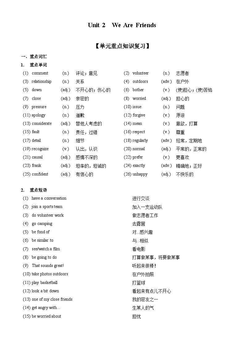 【中职专用】高中英语 外研版2021·基础模块1 Unit 2 We Are Friends(知识串讲 跟踪练习)01