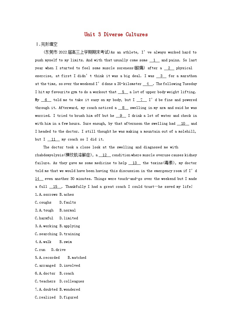 2024版高考英语一轮总复习第一部分模块知识复习必修第三册Unit3DiverseCultures 试卷01