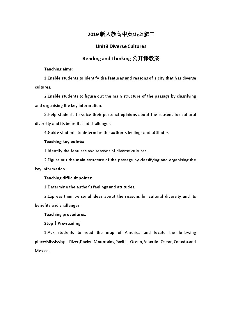 2019新人教高中英语必修三Unit3 Diverse Cultures--Reading and Thinking 公开课教案第1页
