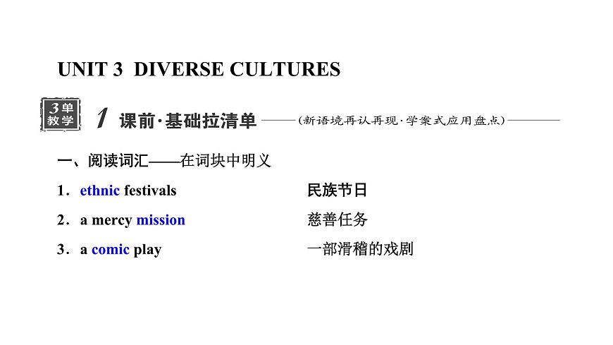 2024屆高考英語一輪復習必修第三冊UNIT3 DIVERSE CULTURES課件第1頁