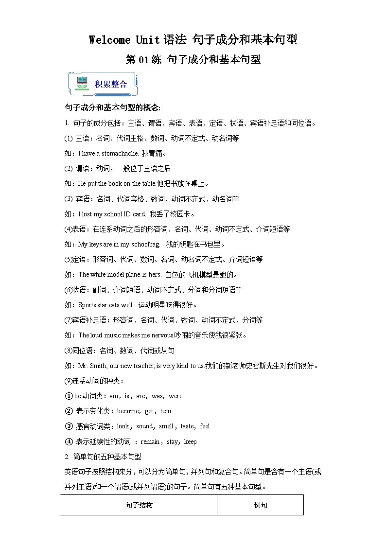 高中英语人教版(2019)必修 第一册Welcome unit语法句子成分和基本句型学案(无答案)01