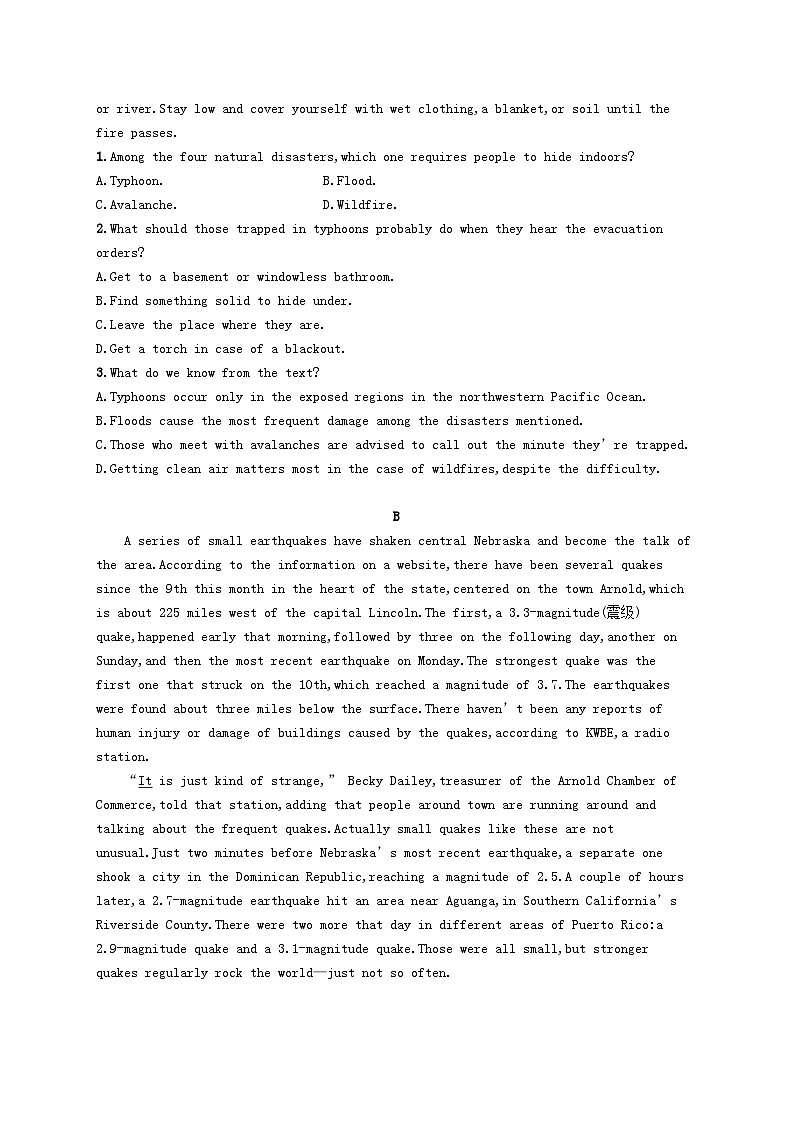 新教材2023_2024学年高中英语Unit4NaturalDisasters分层跟踪检测一ReadingandThinking新人教版必修第一册第3页