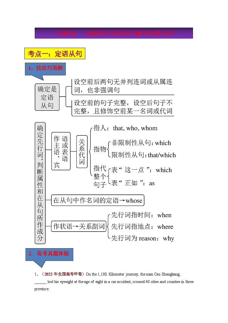 高考英语二轮复习题型归纳与变式演练专题06高频考点定语从句和名词性从句与语法填空(含解析)第1页