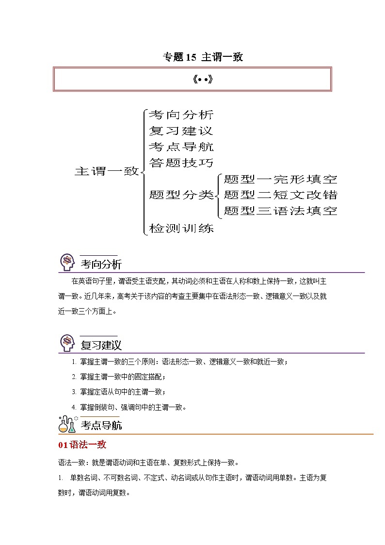 高考英语一轮复习高分突破练习专题15主谓一致(含解析)第1页